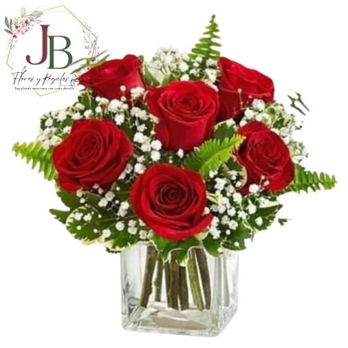FLOREROS.JBFLORESYREGALOS (17) CUBO DE ROSAS ROJAS Y FOLLAJE