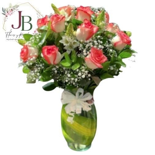 FLOREROS.JBFLORESYREGALOS FLORERO REDONDO DE 15 ROSAS Y FOLLAJE"