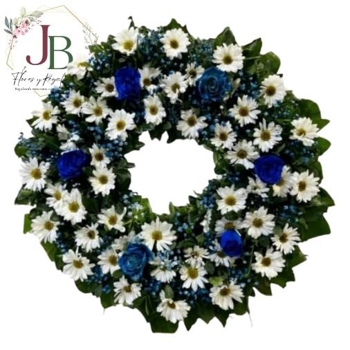 Funebresy condolencias.JBFLORESYREGALOS (16) CORONA FÚNEBRE AZUL"