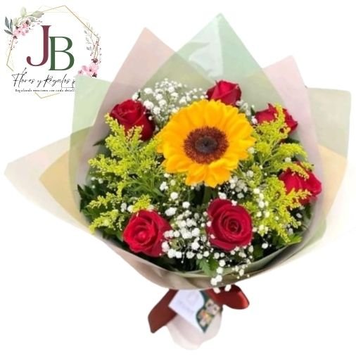 RAMOSYFLORES.JBFLORESYREGALOS (12) RAMO DE 6 ROSAS Y GIRASOL"