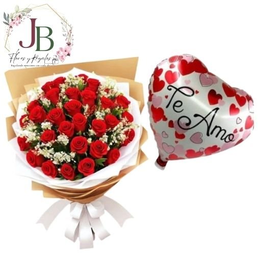 RAMOSYFLORES.JBFLORESYREGALOS (17) RAMO DE 30 ROSAS Y GLOBO