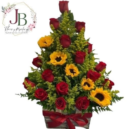 RAMOSYFLORES.JBFLORESYREGALOS (22) HERMOSO ARREGLO DE 16 ROSAS Y 5 GIRASOLES