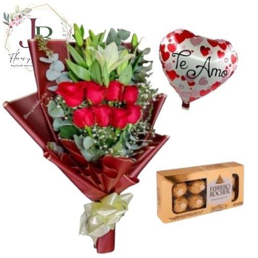 RAMOSYFLORES.JBFLORESYREGALOS (6) RAMO DE 8 ROSAS GLOBO Y BOMBONES"