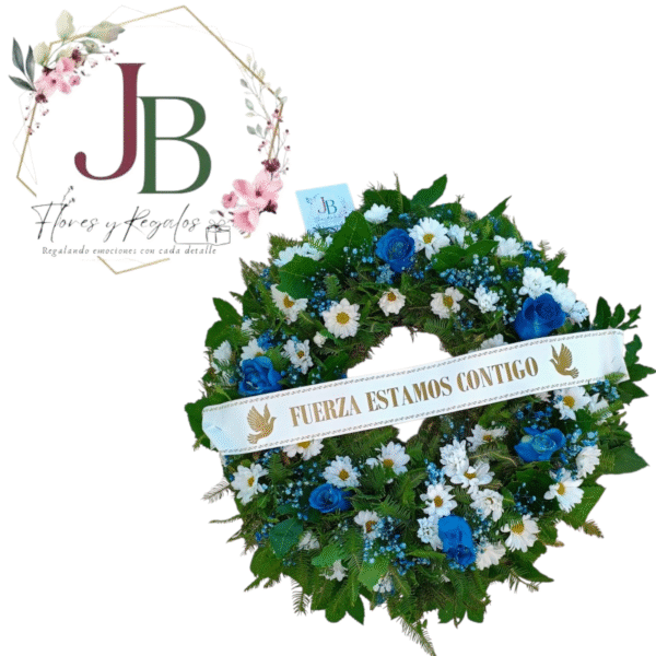 CORONA FUNEBRE AZUL CON CINTA