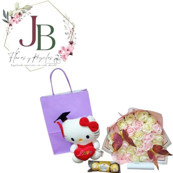 RAMO DE 30 ROSAS ETERNAS DE JABON, FERRERO Y PELUCHE